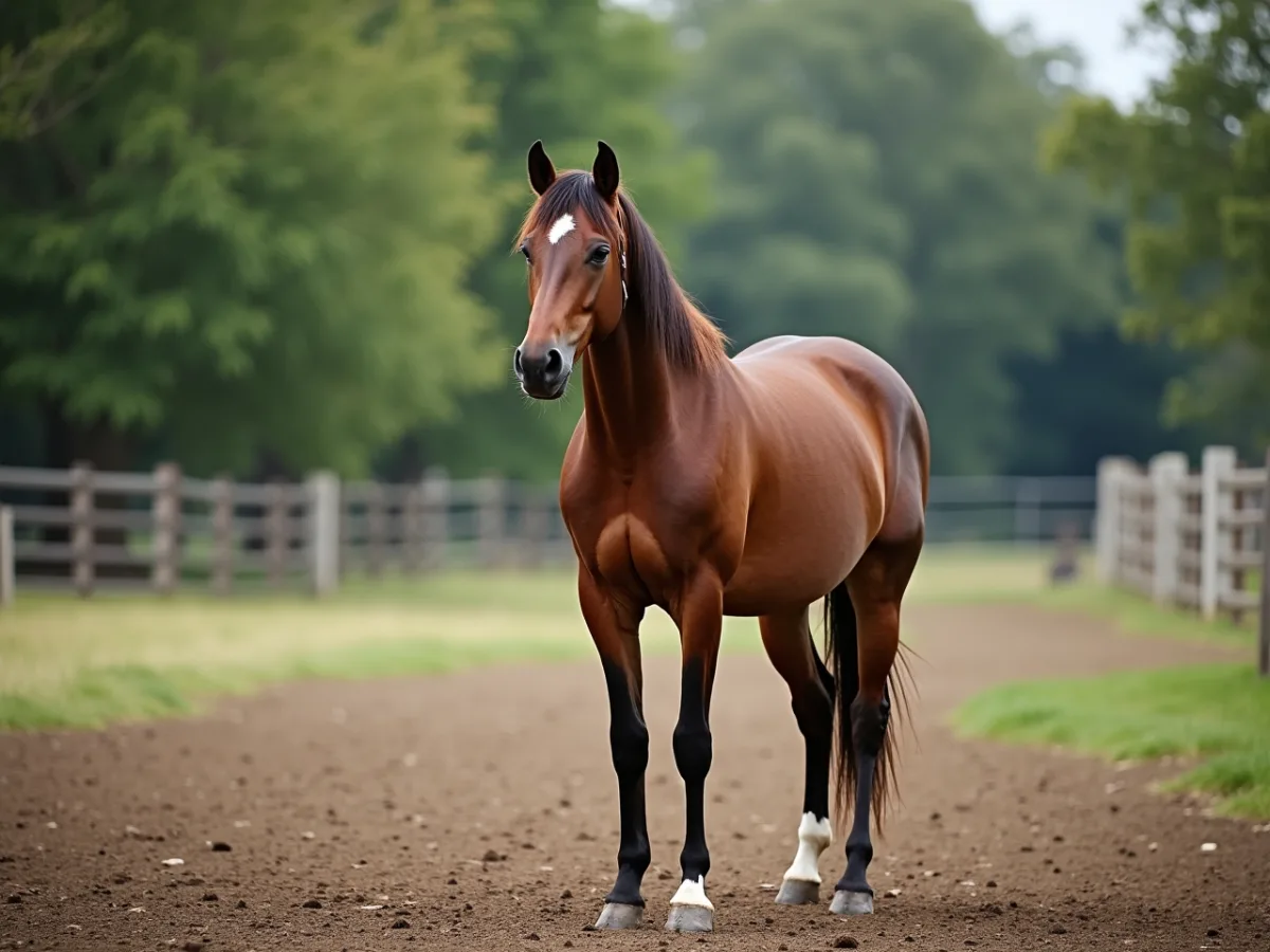 Horse standing alert in a quiet paddock