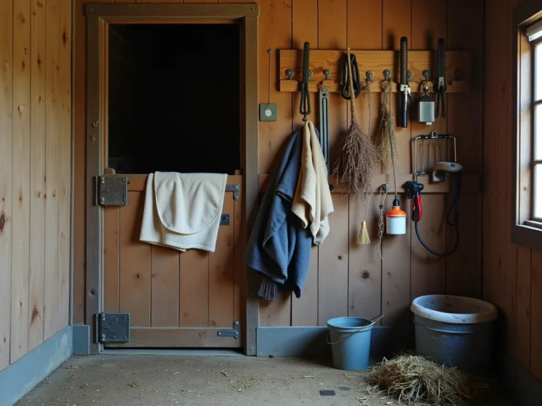 Horse grooming tools beside empty stall doorway