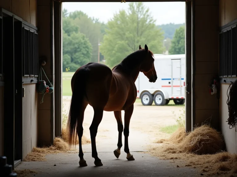 Horse standing still near a barn doorway