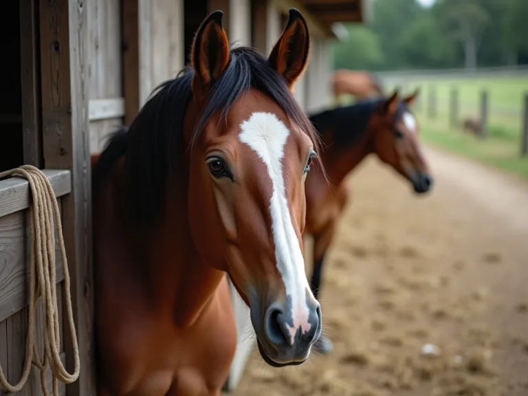 Relaxed horse standing calmly beside a fence