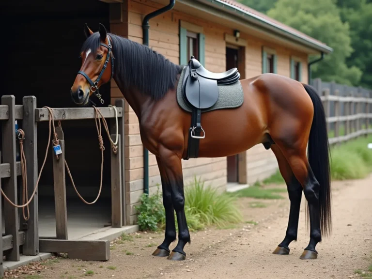 Horse standing beside mounting block