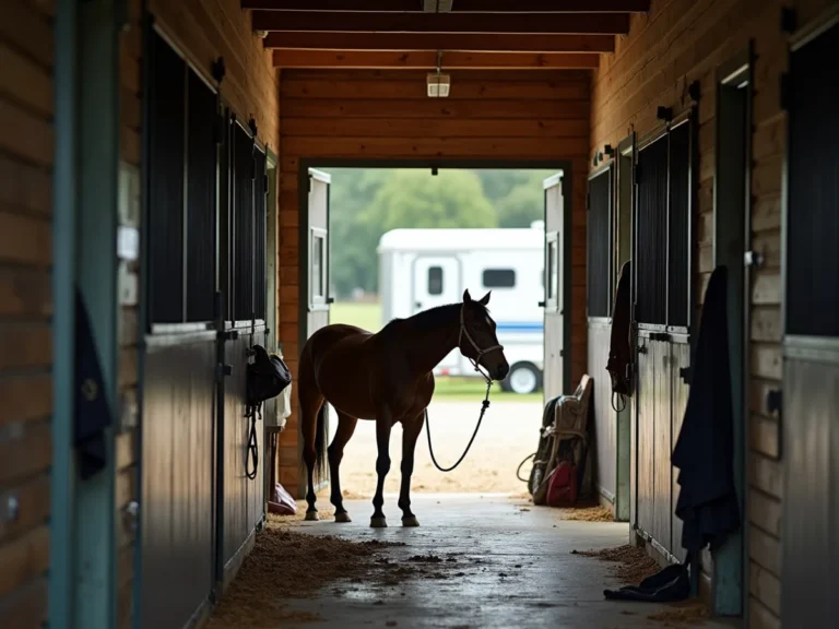 Horse in a tense barn aisle