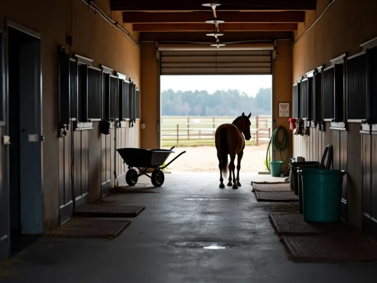 Horse wary of a familiar object in a barn aisle