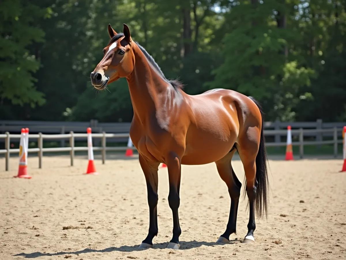 Horse startled by a shadow in the arena