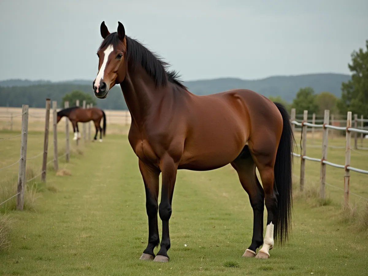 Alert horse watching the pasture edge