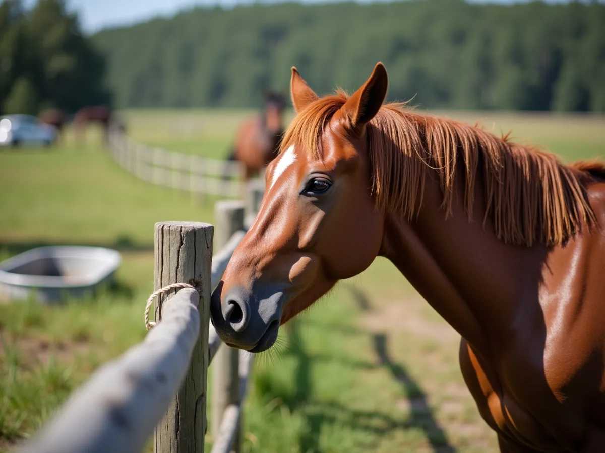 Horse nibbling at a fence rail