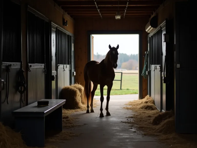 Horse standing calmly near a stable doorway