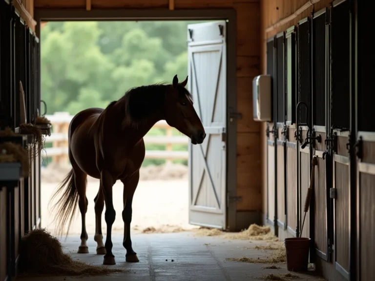 Horse standing tense near stable doorway