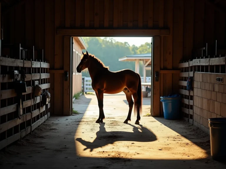 Horse watching a shifting shadow near a barn doorway