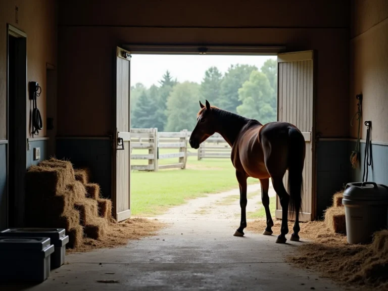 Horse standing tense beside stable doorway