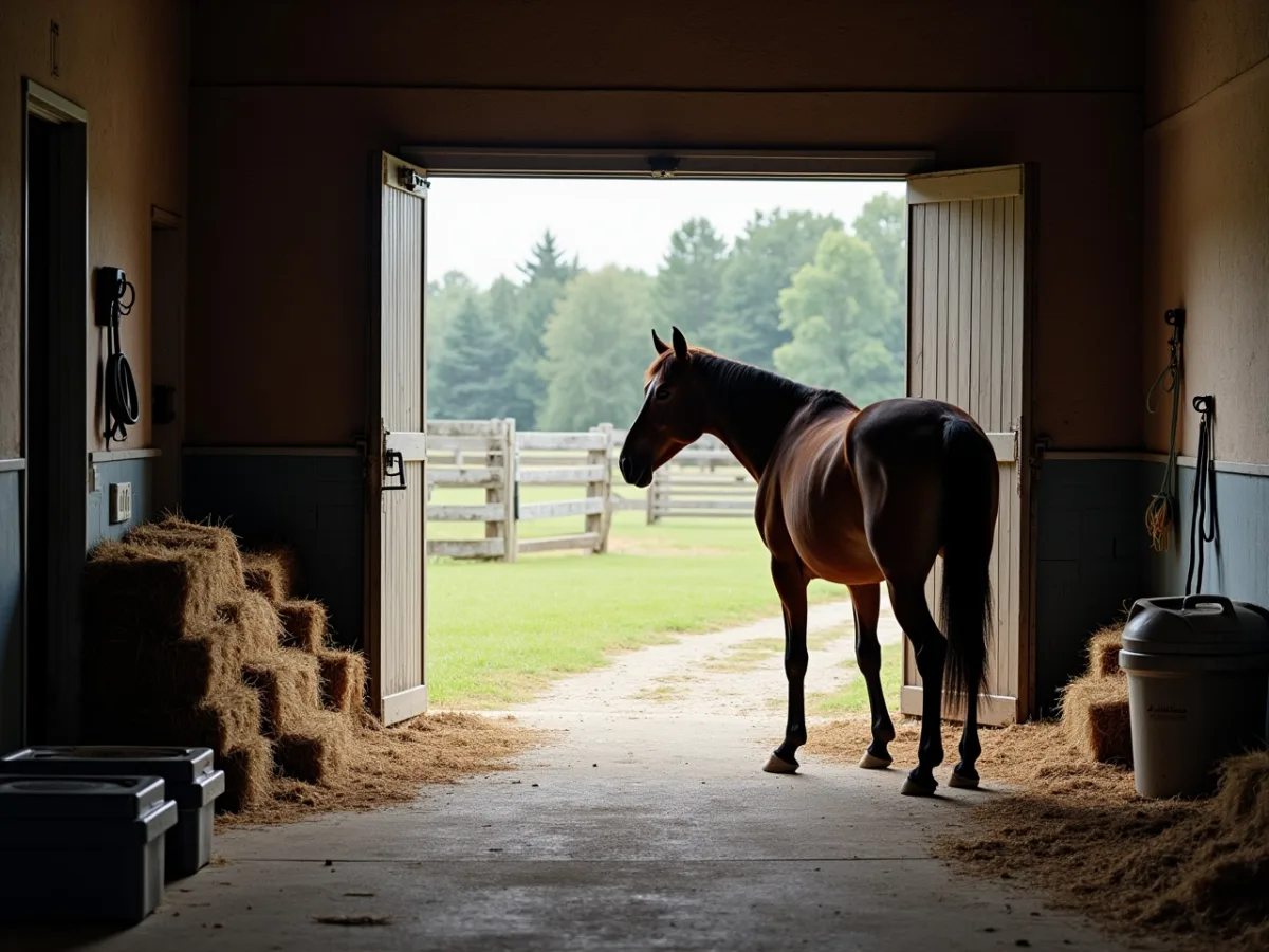 Horse standing tense beside stable doorway