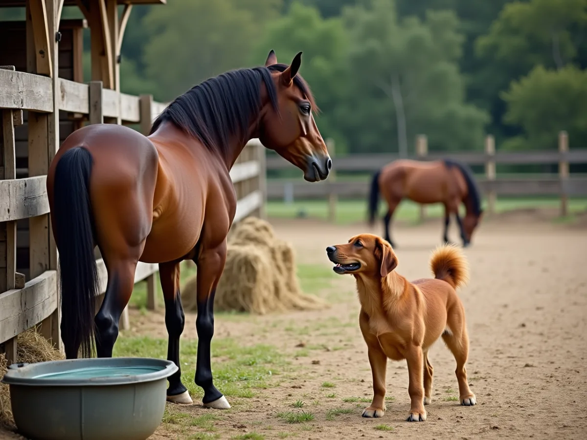Horse watching a dog near the pasture fence