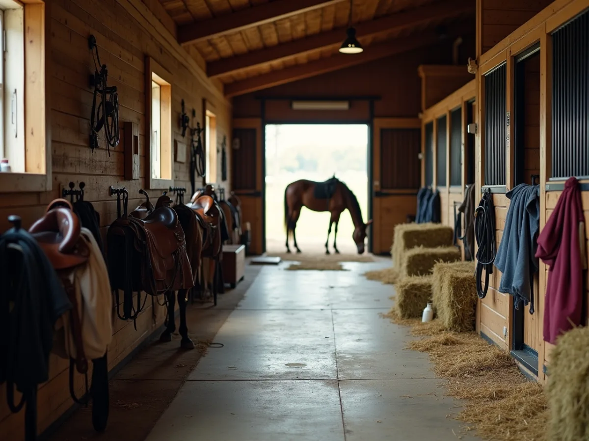 Horse tack laid beside a calm stable aisle