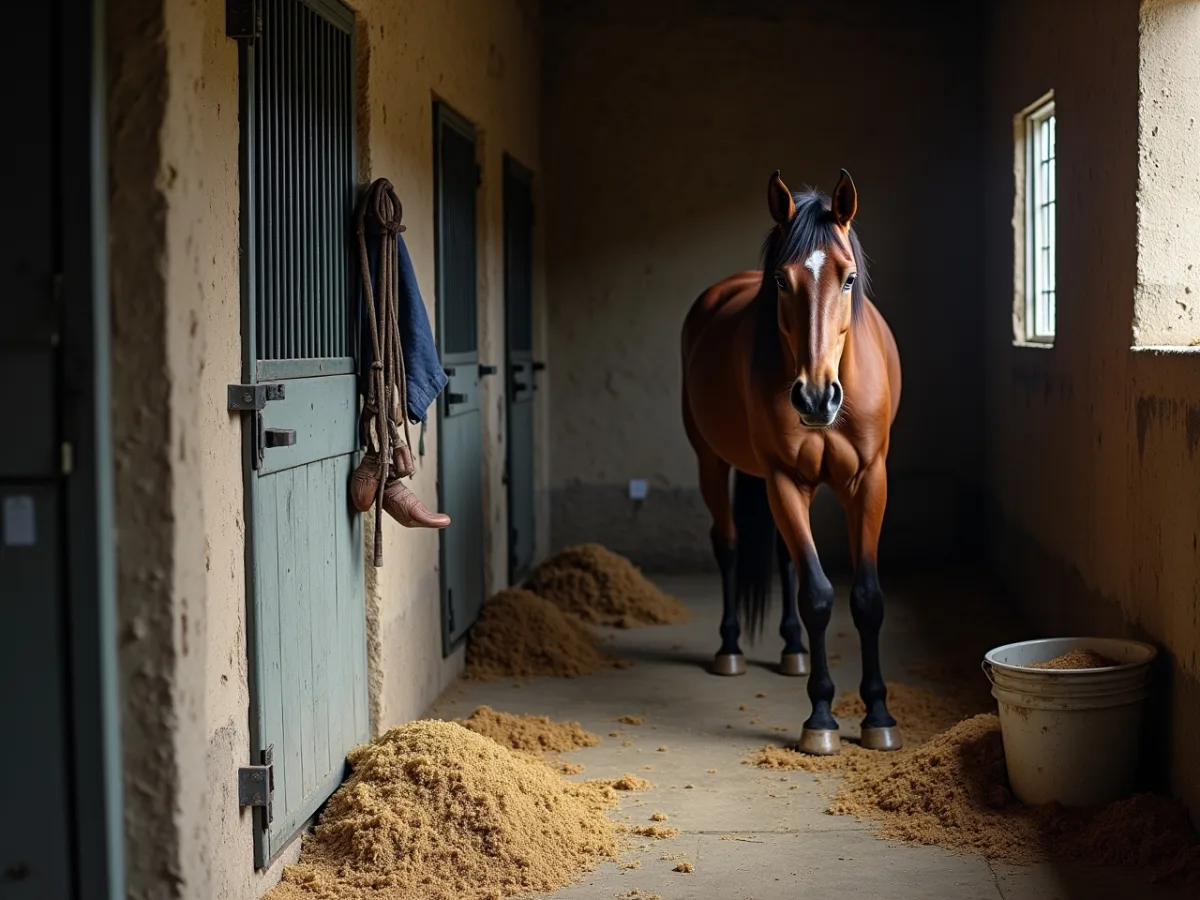 Horse stall door with feed bucket and tense halter