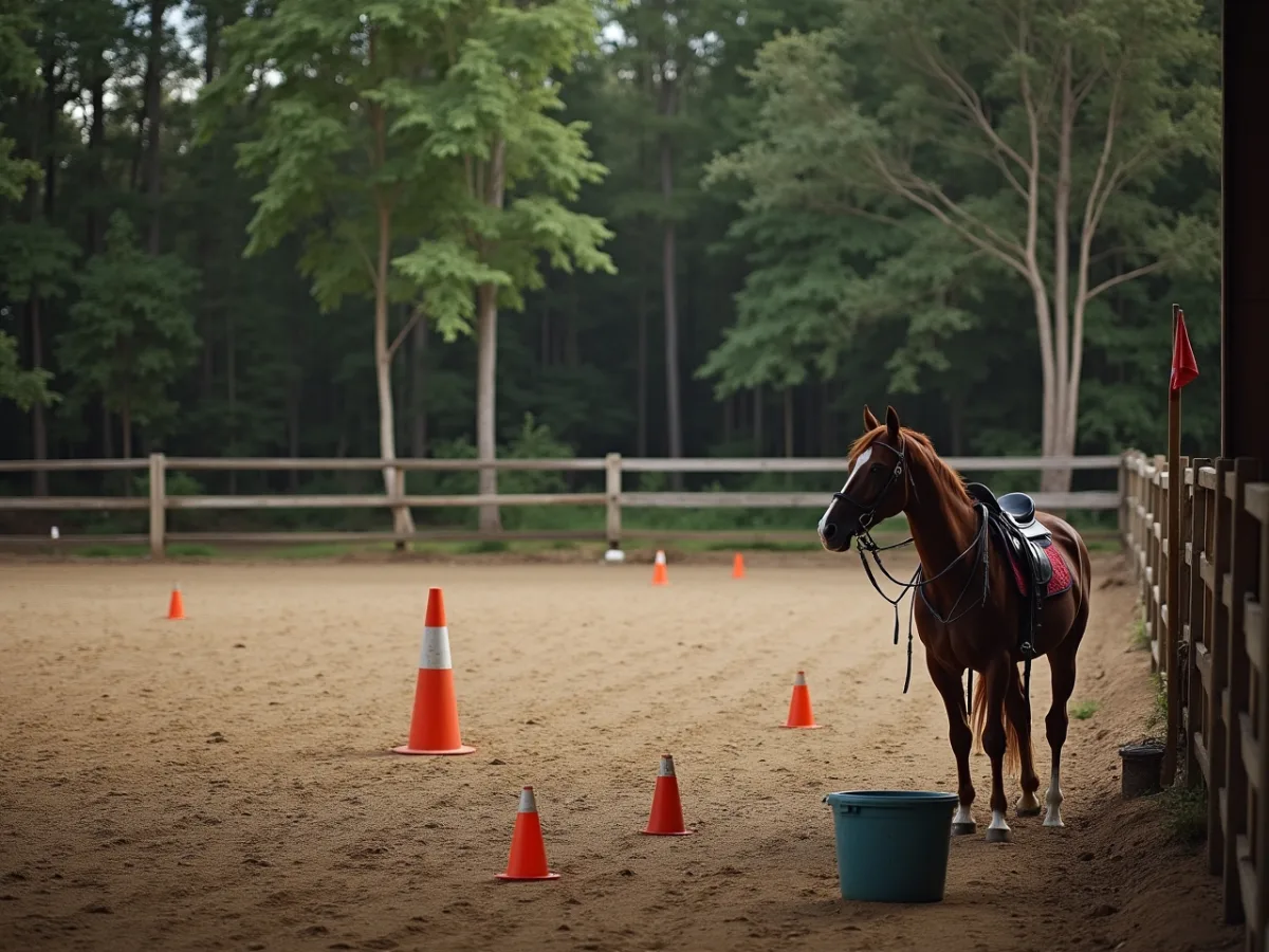 Horse standing tense near a stable doorway
